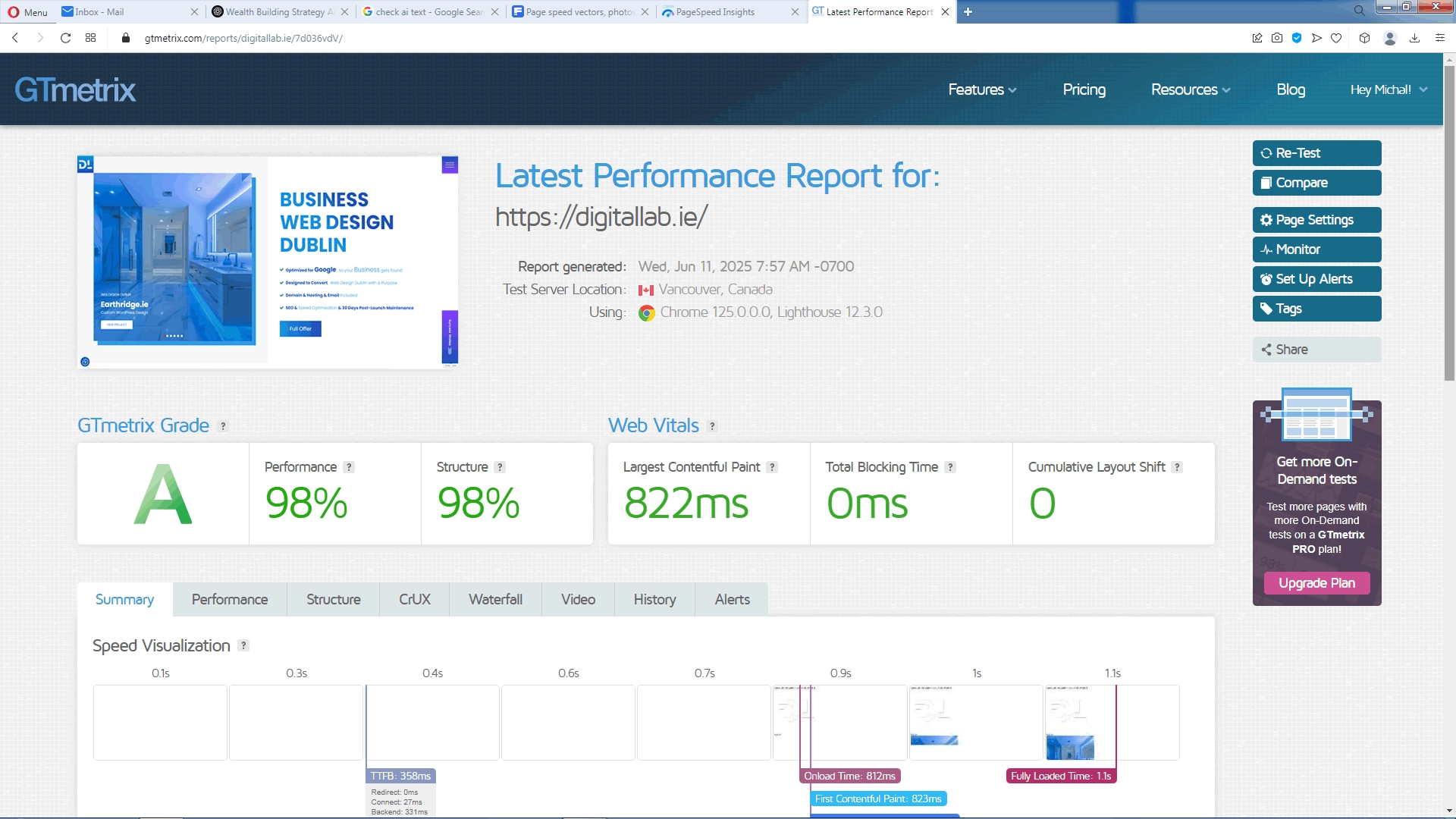 Digital Lab Web Design Agency Dublin Speed Optimization Score from GtMetrix